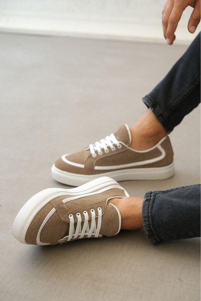BOA BA0351 BOA - Mink Colored Leather Sneakers, Casual Powder Laced