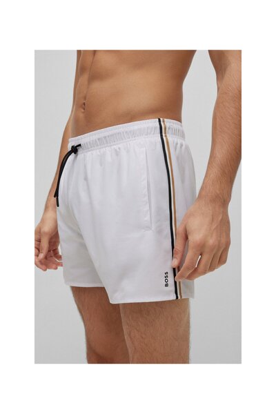 BOSS İmza Renkleri İle Çizgili Ve Logolu, Geri Dönüştürülmüş Malzemeden Deniz Şortu