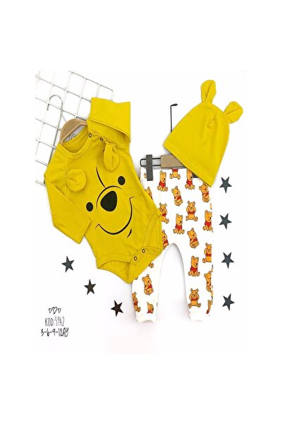 DENİZCİK 3-6-9-12 Ay Kulaklı Şapka Ayıcık Desenli Zıbınlı 3lü Kız Erkek Bebek...