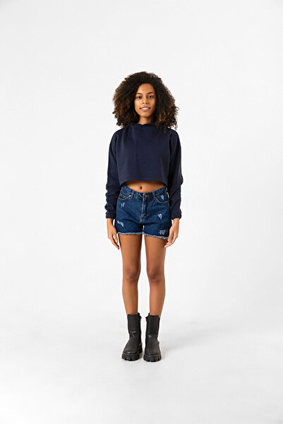 QIVI Basic Lacivert Kapüşonlu Crop Sweatshirt