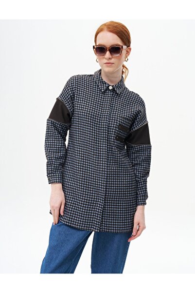 Kayra Pötikare Desenli Deri Garnili Tunik Havacı Mavi