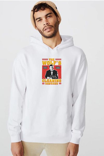 Tshirthane Pulp Fiction The Wolf's Cleaning Services Λευκό ανδρικό φούτερ με κουκούλα 3 ιντσών