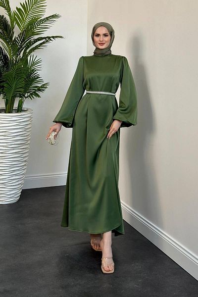 MERVEN AKYÜZ Rochie de seara din satin de menta - centura Nika Pearl