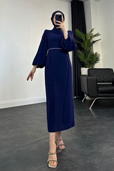 KaSheHa Karen Balloon Sleeve Stoned Waist Evening Dress Navy Blue