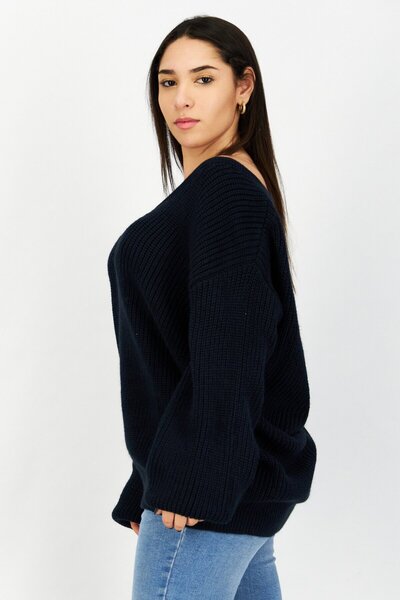 NA-KD Women V-Neck Textured Sweater, Navy
