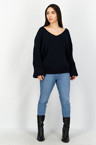 NA-KD Women V-Neck Textured Sweater, Navy