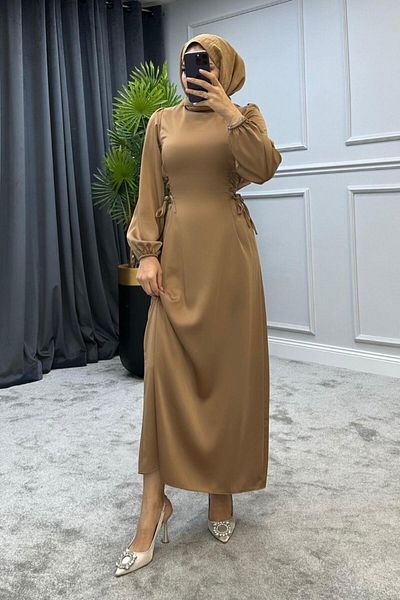 KaSheHa Elenor Waist Tied Satin Hijab Dress Mink