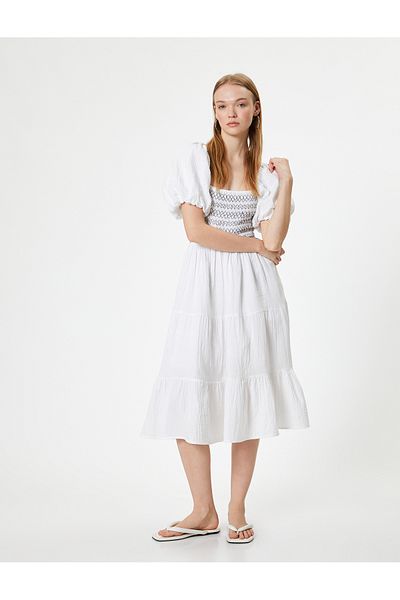 Koton Μίντι Φόρεμα Poplin - Μπαλόνι μανίκι και Κεντημένος Τετράγωνος Γιακάς