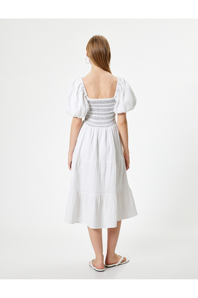 Koton Poplin Midi Dress - Balloon Sleeve and Embroidered Square Collar