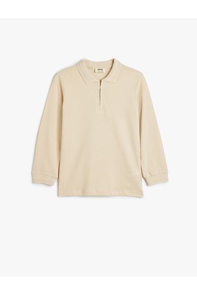 Koton Bavlněné polo tričko s dlouhým rukávem - poloviční zip a proužky