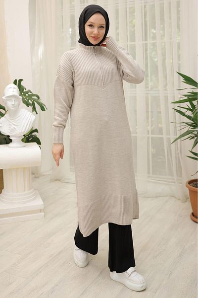 hafsamina Stone Color Zippered Long Knitwear Tunic - Hm2529