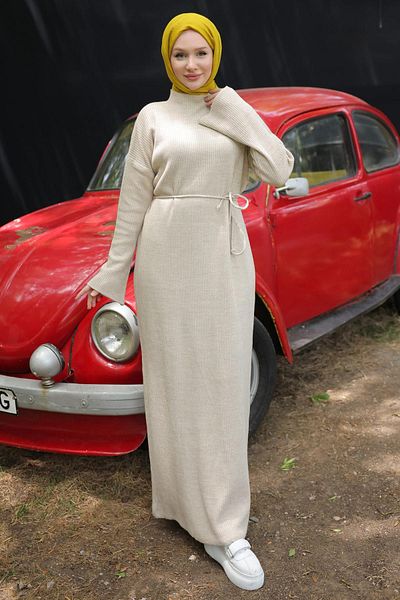 hafsamina Stone Spanish Sleeve Tied Knitwear Dress - Hm2530