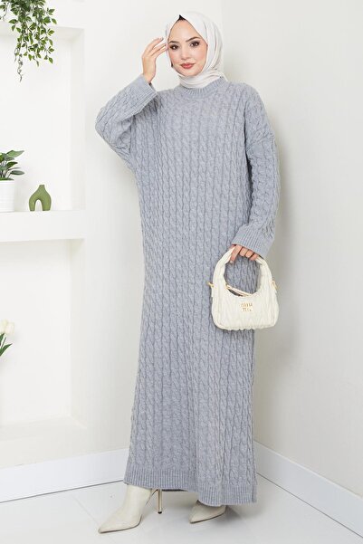 hafsamina Πλεκτό Μοτίβο Πλεκτό Φόρεμα Γκρι HM2526