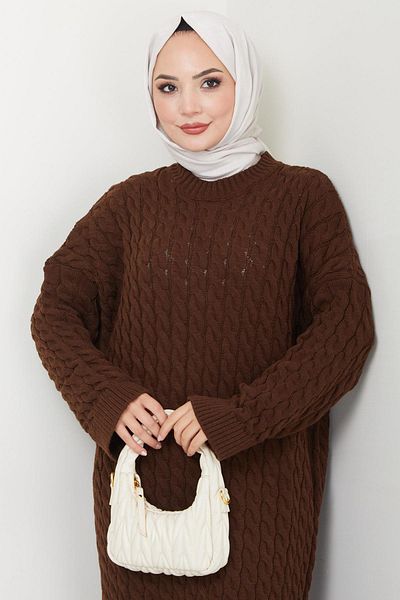 hafsamina Knitted Pattern Knitwear Dress Brown Hm2526