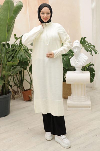 hafsamina تونيك تريكو طويل أبيض - بسحاب HM2529