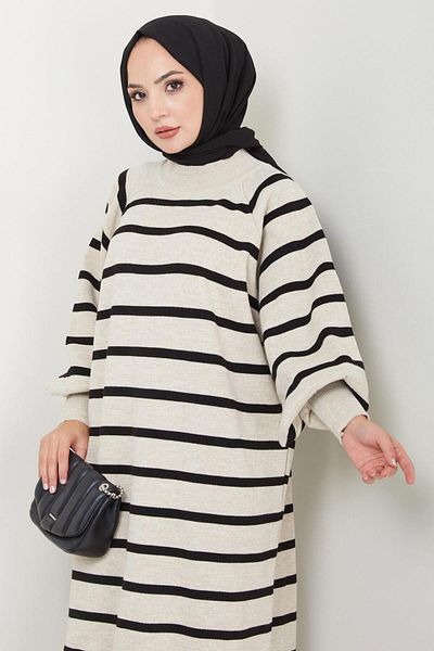 hafsamina Stone Color Striped Balloon Sleeve Knitwear Dress - Hm2524