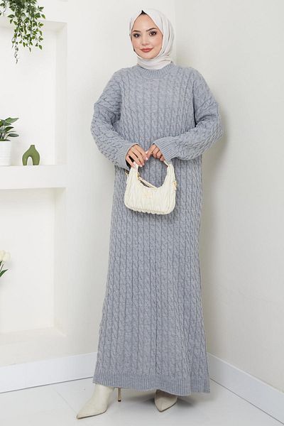 hafsamina Gray Knitwear Knitted Patterned Dress - Hm2526