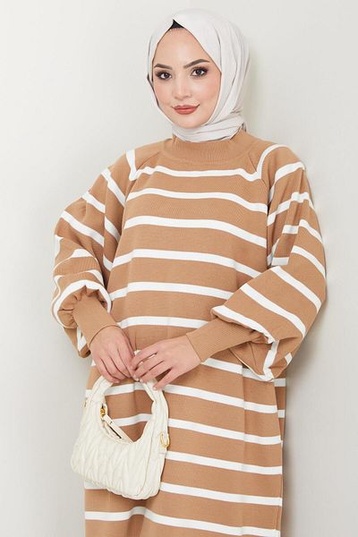 hafsamina Camel Striped Balloon Sleeve Knitwear Dress - Hm2524