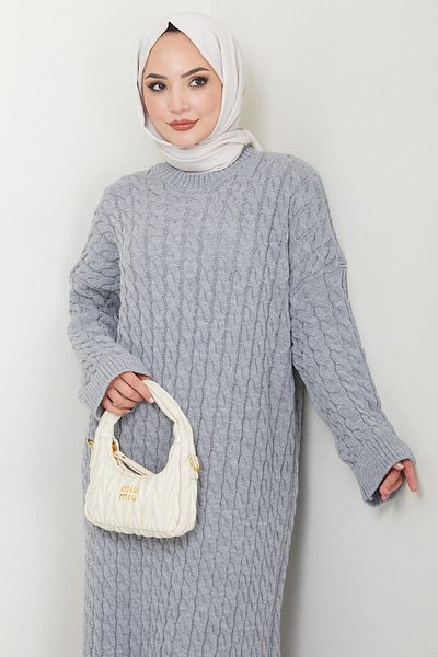 hafsamina Gray Knitwear Knitted Patterned Dress - Hm2526