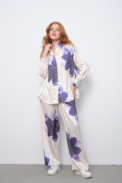 PERA MODA Oversize Kesim Gömlek Beli Lastikli Desenli Saten Takım