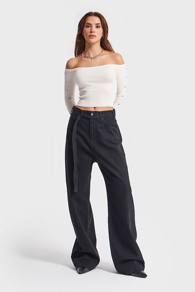 its basic Černý dámský denim Super Baggy s kamenným detailem - dlouhý pásek