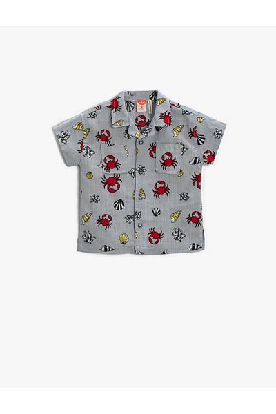 Koton Short Sleeve Shirt Crab Pattern Cotton With Pockets