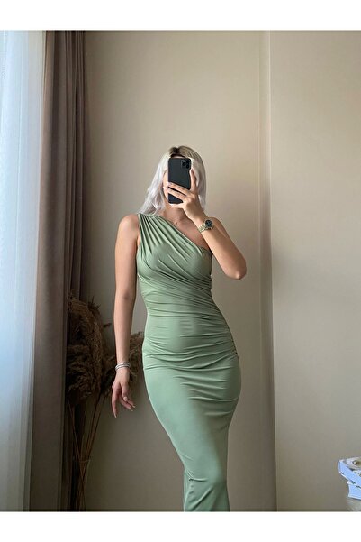 Zora Butik Omuz Detay Drapeli Elbise-Yeşil