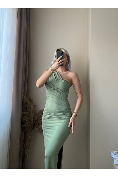 Zora Butik Omuz Detay Drapeli Elbise-Yeşil