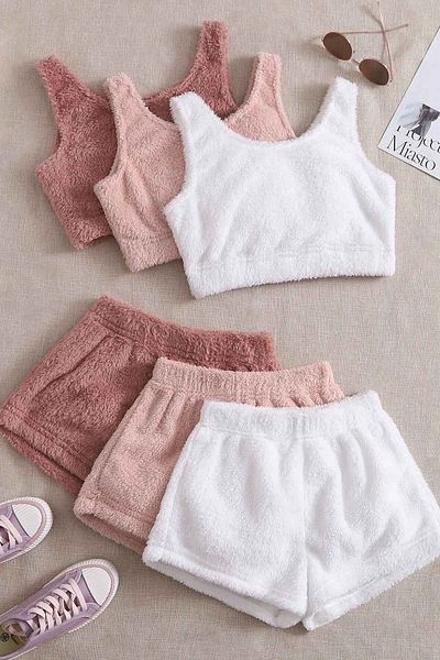 Merry See Single Color 1 Set Sleeveless Strap Plush Fleece Bottom Top Shorts Pajama Set