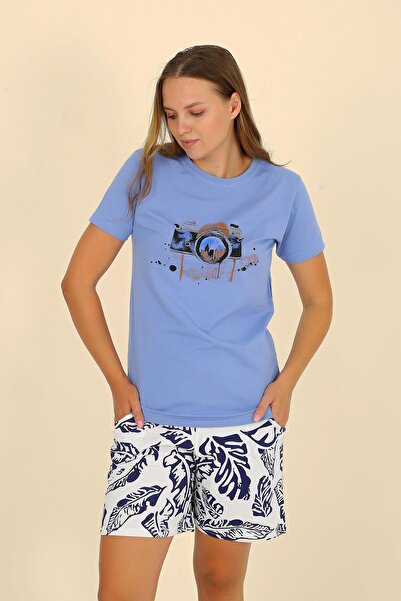 Akbeniz Μπλε γυναικείο χτενισμένο βαμβακερό σετ πιτζάμες - σορτς, κοντομάνικο 3622