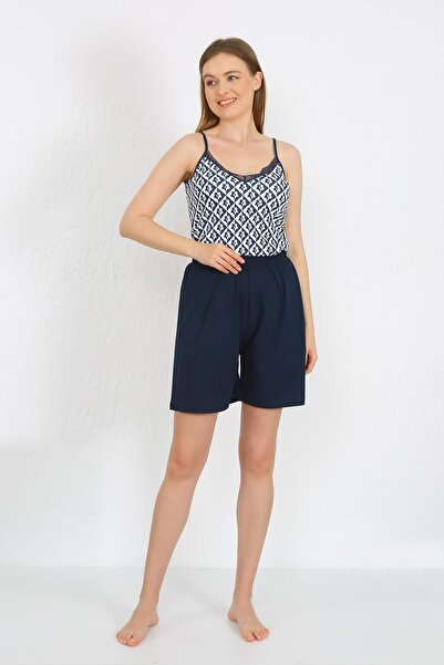 Akbeniz Set pantaloni scurți de damă din bumbac pieptănat albastru bleumarin - cu curea de frânghie 3621