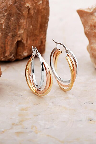 Sümer Telkari 24 Mm Üç Renkli Tasarım Gümüş Halka Küpe 7055