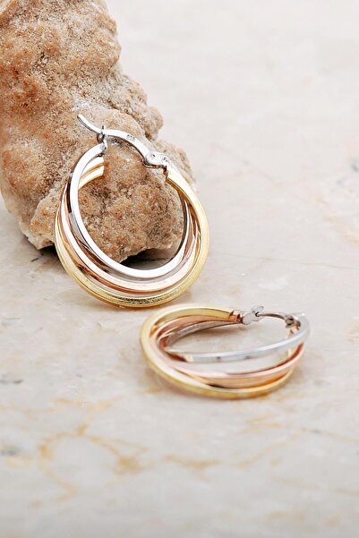 Sümer Telkari 24 Mm Üç Renkli Tasarım Gümüş Halka Küpe 7055