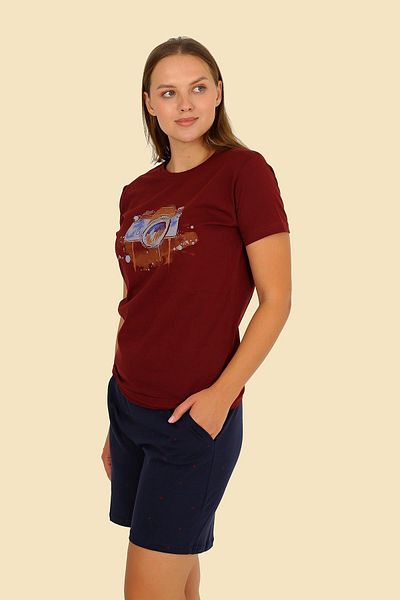 Akbeniz Set de pijamale din bumbac pieptănat roșu Claret - Pantaloni scurți pentru femei, mâneci scurte 3622