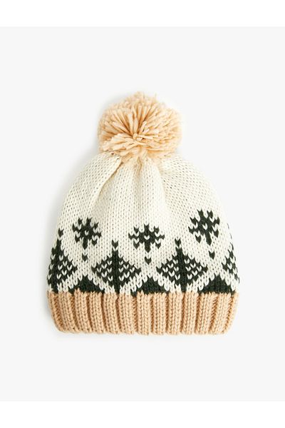Koton Ethnisch gemusterte Strickmütze – Pompon-Detail