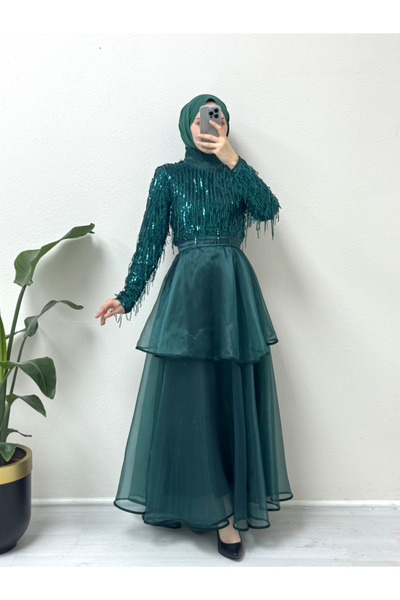 HİJABAYA Βραδινό φόρεμα από τούλι με παγιέτες - Ελαστική λαιμόκοψη και ζώνη