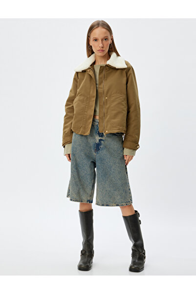 Koton Jachetă de sezon cu guler de pluș - cu buzunare și fermoar