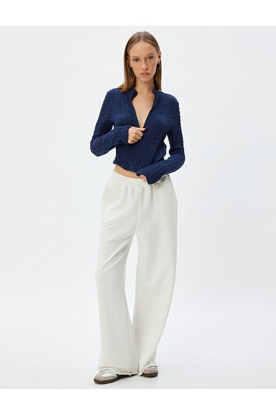 Koton Hair Knitted Textured Zippered Slim Fit Cardigan - Stand Collar