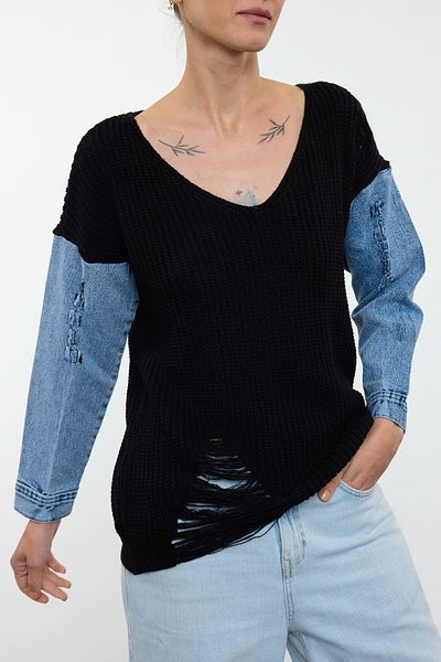 Edit by Trendyol Denim Detailed Black Knitwear Svetr - Tedaw25Kz00008
