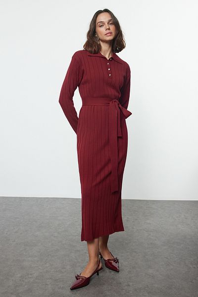 Trendyol Modest Μπορντό Ζώνη Με Κουμπιά Πόλο Γιακά Ριχτό Πλεκτό Φόρεμα TCTAW25EB00026