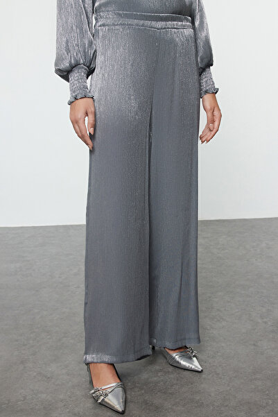 Trendyol Modest Satin Woven Anthracite Belted Top and Bottom Set - Tctss24Us00080