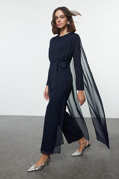 Trendyol Modest Тъмносин шифон гащеризон - с колан, тъкан, Tctss24Tl00006