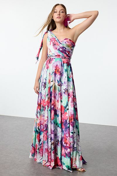 Trendyol Collection Egy vállú, stílusos virágmintás szőtt estélyi ruha - TPRSS24AE00245