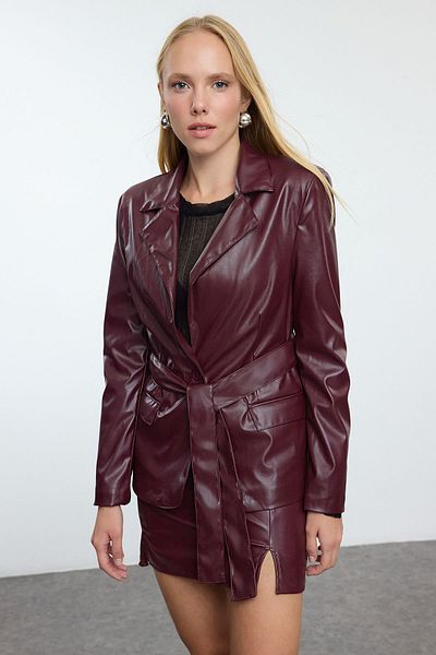 Trendyol Collection Bunda z umělé kůže Claret Red Belted - TWOAW25BC00001