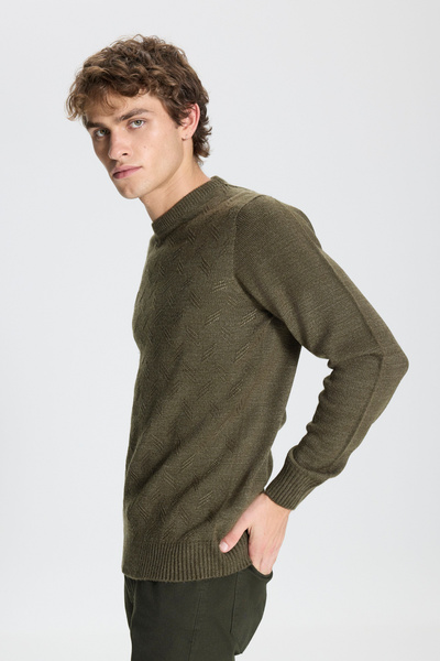 AC&Co / Altınyıldız Classics Men's Khaki Standard Fit Regular Cut Crew Neck Jacquard Knitwear Sweater