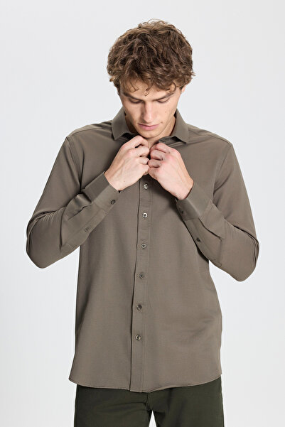 AC&Co / Altınyıldız Classics Чоловічий хакі Зручний в носінні Slim Fit Slim Fit Slim Fit Італійський комір Armurlu Сорочка