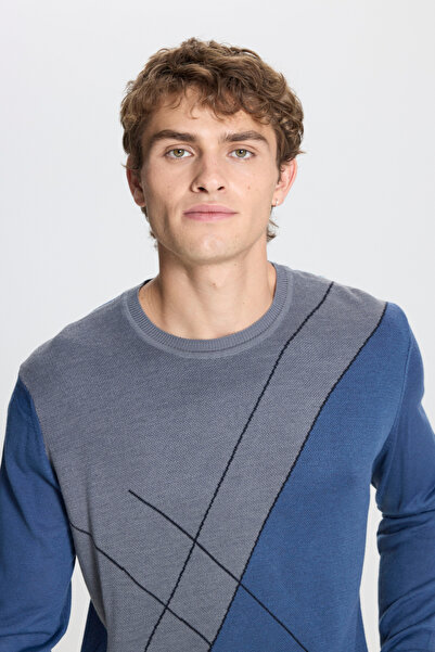 ALTINYILDIZ CLASSICS Erkek Indigo-gri Yünlü Standart Fit Normal Kesim Bisiklet Yaka Desenli Triko Kazak