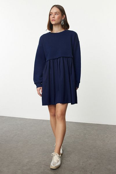 Trendyol Collection Sötétkék rakott, részletes A-vonalú kötött ruha - Garni sima szövésű TWOAW25EL00122