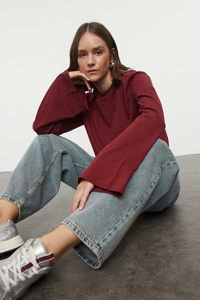 Trendyol Collection Tricou cu gât roșu Claret Crop - 100% bumbac, cu croiala largă TWOAW22TS0042