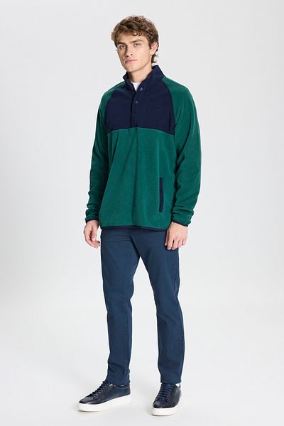 AC&Co / Altınyıldız Classics Herren-Fleece-Sweatshirt in Grün-Marineblau mit Standard-Passform und normalem Schnitt und Stehkragen und Bato-Kragen
